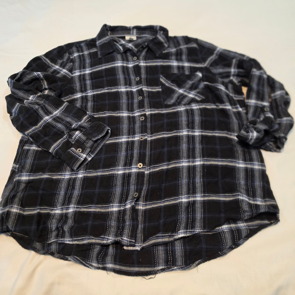 Dressbarn Flannel Button Down Womens XL Blue Black Plaid Excellent Soft Cotton